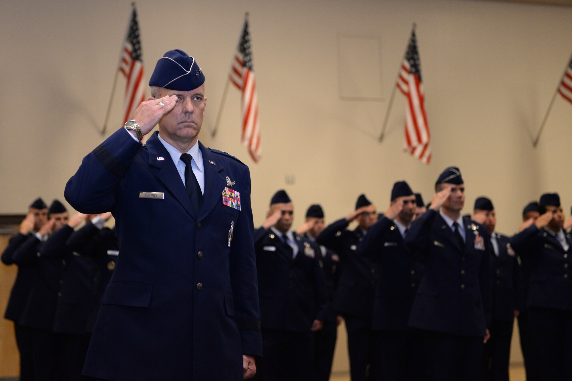 Maj. Gen. Michael Fortney, Air Force Global Strike Command vice commander, leads Airmen in a salute to their new commander, Gen. Robin Rand, at Barksdale Air Force Base, La., July 28, 2015. Rand is AFGSC’s fourth leader since its 2009 inception. The Air Force elevated AFGSC to a four-star major command to provide its nuclear deterrence global strike missions with the highest level of leadership oversight similar to the service’s other core operational missions. (U.S. Air Force photo/Airman 1st Class Curt Beach)