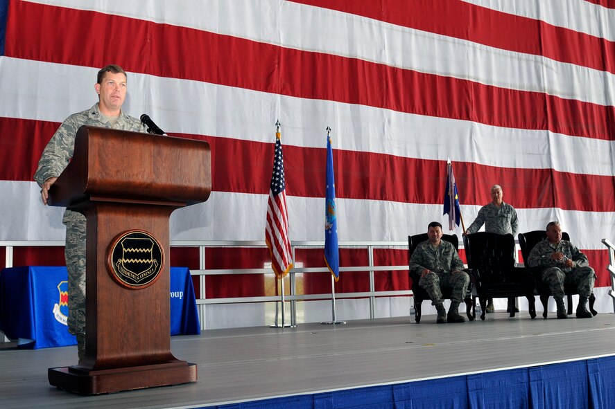 U.S. Air Force Col. Clayton Seale addresses Team Offutt and visiting guests after assuming command of the 55th Maintenance Group at a ceremony held inside the Benny L. Davis Maintenance Facility July 27, 2015 at Offutt Air Force Base, Nebraska. (U.S. Air Force photo by Jeff Gates/Released)