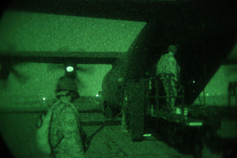 Airmen with 321st Contingency Response Element offload cargo from a KC-130 at Al Taqaddum Air Base, Iraq, July 1, 2015. The 321st brings with it all the necessary elements for expeditionary airfield operations such as air traffic control, aerial porters and security forces who were instrumental in helping the Special Purpose Marine Air-Ground Task Force-Crisis Response-Central Command with the establishment of Task Force Al Taqaddum. (U.S. Marine Corps photo by Cpl. John Baker)