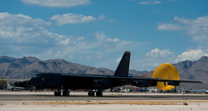 A B-52 Stratofortress assigned to the 69th Bomb Squadron, Minot Air Force Base, N.D., lands during Red Flag 15-3 at Nellis AFB, Nev., July 21, 2015. A typical Red Flag exercise involves a variety of aircraft including, but not limited to, fighters, bombers, reconnaissance aircraft, airlift support, aerial refueling, electronic warfare and search and rescue aircraft. (U.S. Air Force photo by Senior Airman Thomas Spangler)
