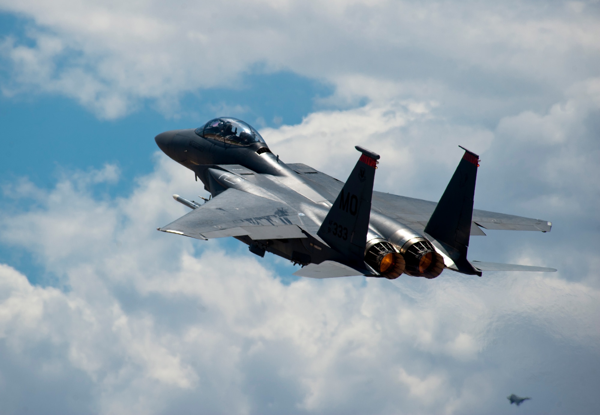 An F-15E Strike Eagle assigned to the 391st Fighter Squadron, Mountain Home Air Force Base, Idaho, takes off during Red Flag 15-3 at Nellis AFB, Nev., July 21, 2015. Red Flag provides a series of realistic air-to-air combat exercises which prepare warfighters for future real-world operations. (U.S. Air Force photo by Senior Airman Thomas Spangler)