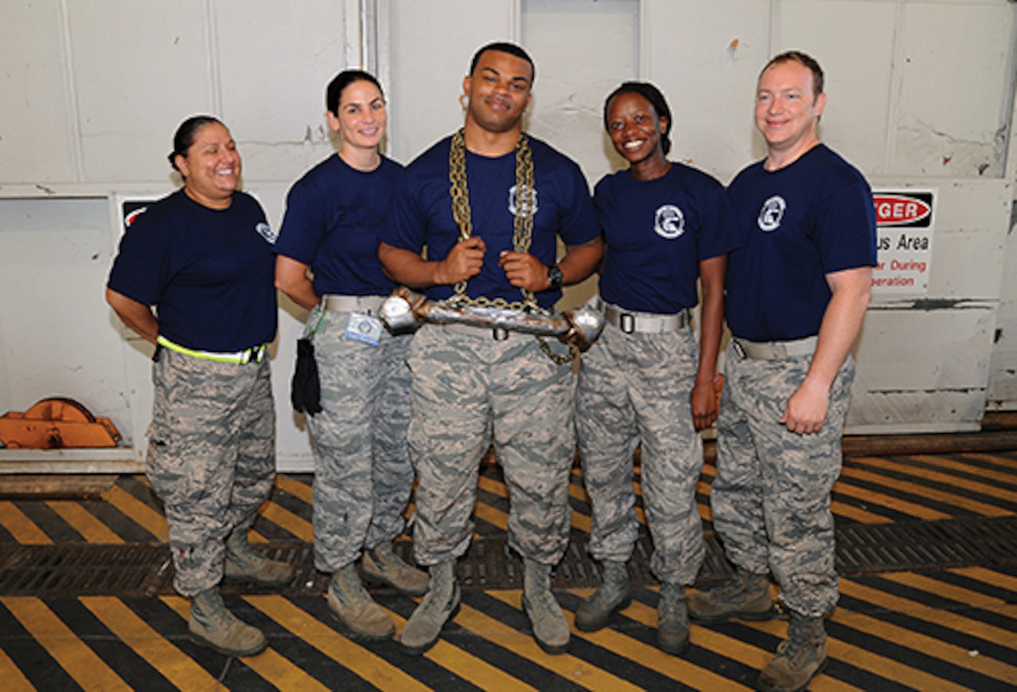 Six Airmen from the 908th Airlift Wing’s 25th Aerial Port Squadron recently competed against 25 teams in Air Force Reserve Command’s Port Dawg Challenge at Dobbins Air Reserve Base, Ga. Pictured are, from left, Tech. Sgts. Leslie Jordan and Veronica Natal, Senior Airman Rickney Hunter, Airman First Class Alexandra Moton and Master Sgt. Frederick Koehl. Not pictured is Tech. Sgt. Jason Martin.