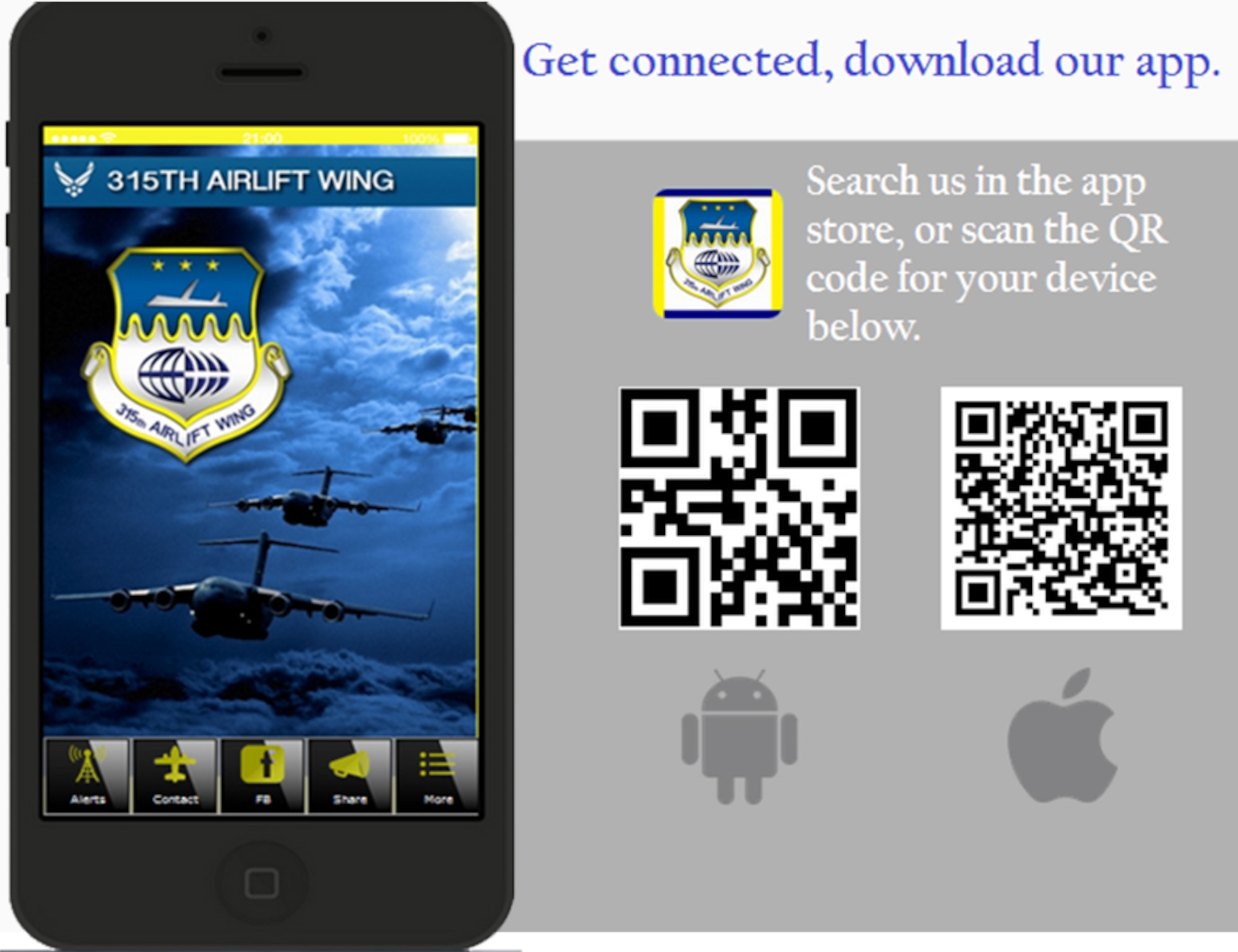 The 315th Airlift Wing released a new mobile device app which brings the wing’s latest news and information to Reservists’ fingertips. Besides news, the app features a push message technology that will allow the wing to send out urgent messages including weather alerts and government shut downs. (U.S. Air Force Graphic)