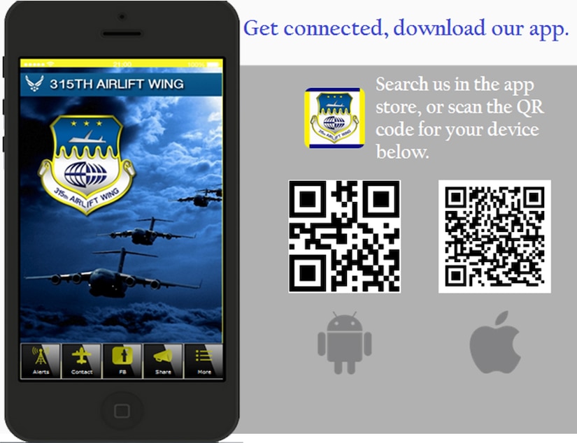 The 315th Airlift Wing released a new mobile device app which brings the wing’s latest news and information to Reservists’ fingertips. Besides news, the app features a push message technology that will allow the wing to send out urgent messages including weather alerts and government shut downs. (U.S. Air Force Graphic)