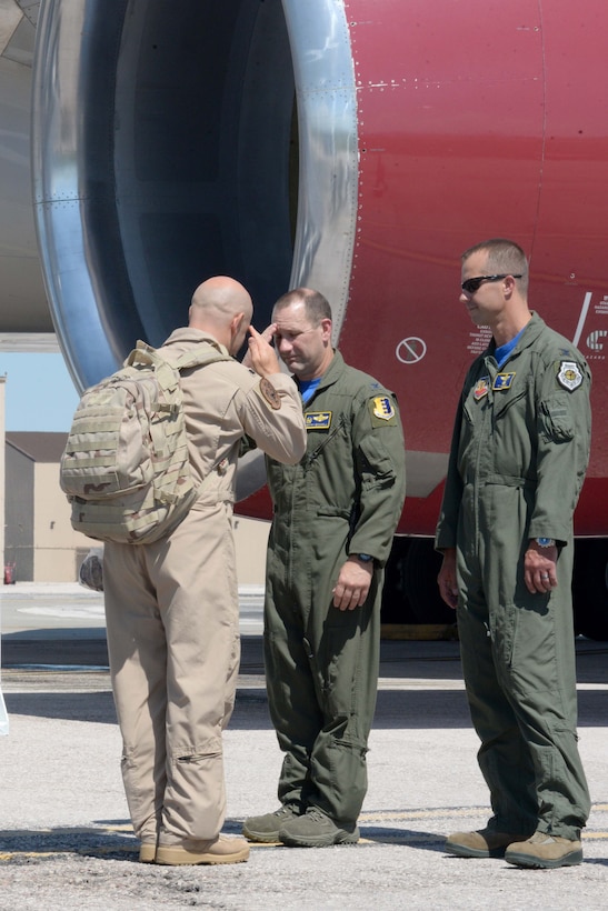 Prior to his deployment, Lt. Col. Joseph, 37th Bomb Squadron commander (left), salutes Col. Gentry Boswell, 28th Bomb Wing commander, at Ellsworth Air Force Base, S.D., July 24, 2015. Ellsworth aircrews will conduct B-1 missions designed to rapidly deliver massive quantities of precision and non-precision weapons against adversaries. (U.S. Air Force photo by Senior Airman Rebecca Imwalle/Released)