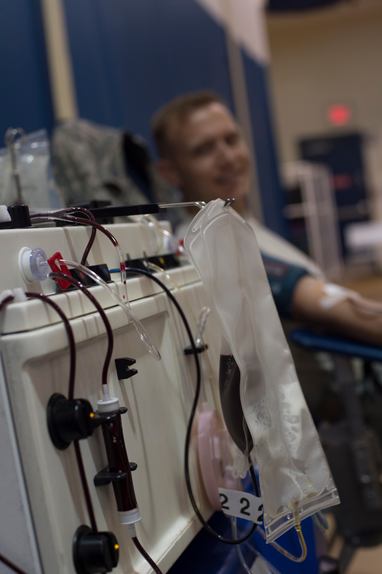 A haemonetics machine sorts the blood of U.S. Air Force Capt. Nicholas Gumley, 93d Air Ground Operations Wing comptroller, during a blood drive July 22, 2015, at Moody Air Force Base, Ga. The haemontics separates plasma from red blood cells and returns the plasma back to the donor. As a result of the retuned plasma, the donor can donate more blood during that session.  (U.S. Air Force photo by Staff Sgt. Eric Summers Jr./Released)