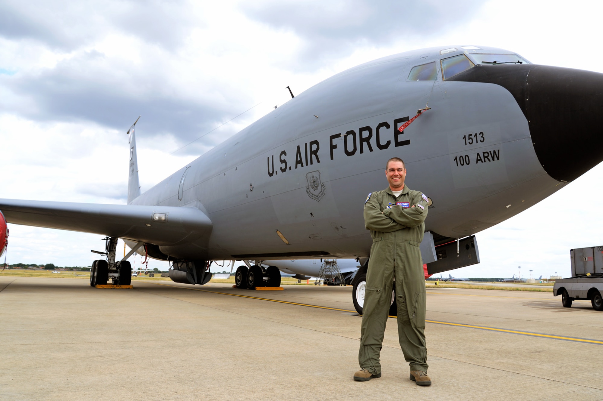 U.S. Air Force Master Sgt. Joseph Blakley, 351st Air Refueling Squadron operations superintendent and chief boom operator from Strawberry Plains, Tenn., poses in front of a KC-135 Stratotanker July 23, 2015, on RAF Mildenhall, England. Blakley was recently named the 2014 U.S. Air Forces in Europe Instructor of the Year. (U.S. Air Force photo by Senior Airman Christine Halan/Released) 
