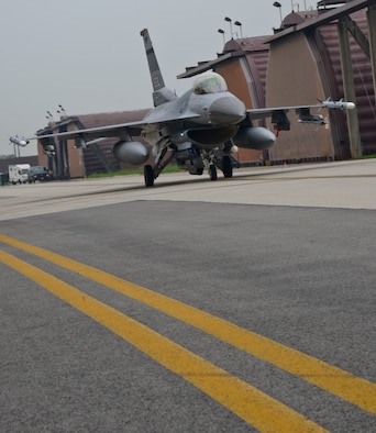 A 36th Fighter Squadron F-16C “Fighting Falcon”, prepares to launch on Osan Air Base, South Korea, July 22, 2015. The 36th FS has a 90-year history in the Air Force, where they flew 21 different types of aircraft, received 22 unit citations, and accumulated 24 service and campaign streamers since World War I. (U.S. Air Force photo/Senior Airman Kristin High)