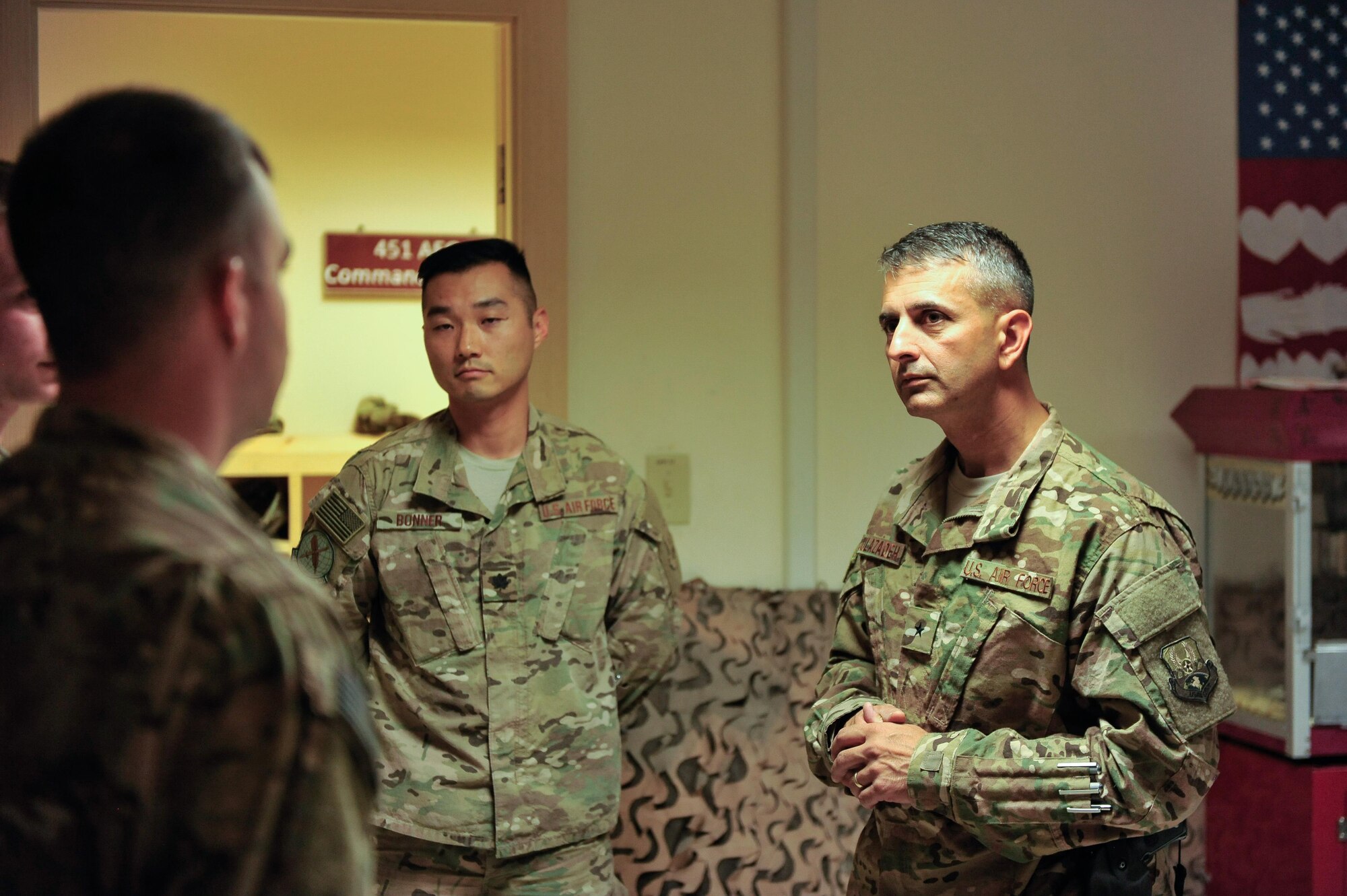 U.S. Air Force Brig. Gen. Dave Julazadeh, 455th Air Expeditionary Wing commander, talks with Airmen assigned to the 451st Air Expeditionary Group at Kandahar Airfield, July 24, 2015. The general and Chief Master Sgt. Matt Grengs, 455th AEW command chief, met with Airmen from across the group who provide intelligence, surveillance and reconnaissance for U.S. and Coalition forces operating outside the wire while also operating one of the busiest airfields in the theater.  (U.S. Air Force photo by Maj. Tony Wickman/Released)