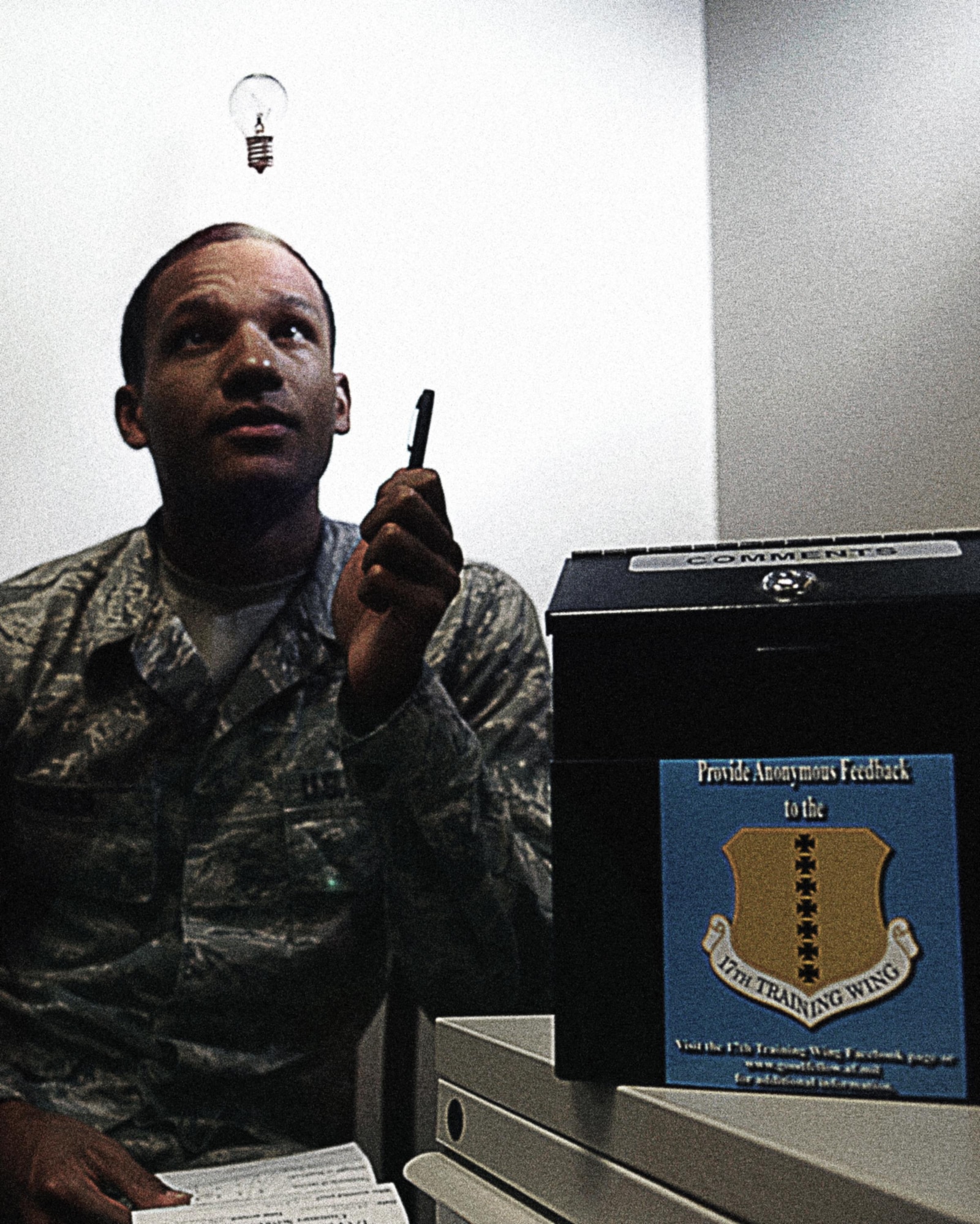 Comment boxes are located at various locations on Goodfellow Air Force Base for the purpose of empowering Airmen to provide anonymous feedback encouraging an environment of innovation, agility and professionalism. (U.S. Air Force Illustration by Tech. Sgt. Austin Knox/Released)