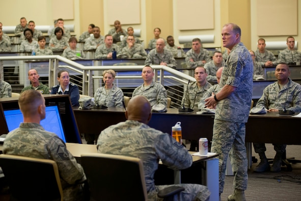 Chief Master Sergeant of the Air Force James A. Cody discusses issues facing the Air Force during an enlisted call for Airmen of the Air National Guard at Joint Base Andrews, Md., July 23, 2015. The discussion focused on professional military education, professional development and diversity. (Air National Guard photo/Master Sgt. Marvin R. Preston)