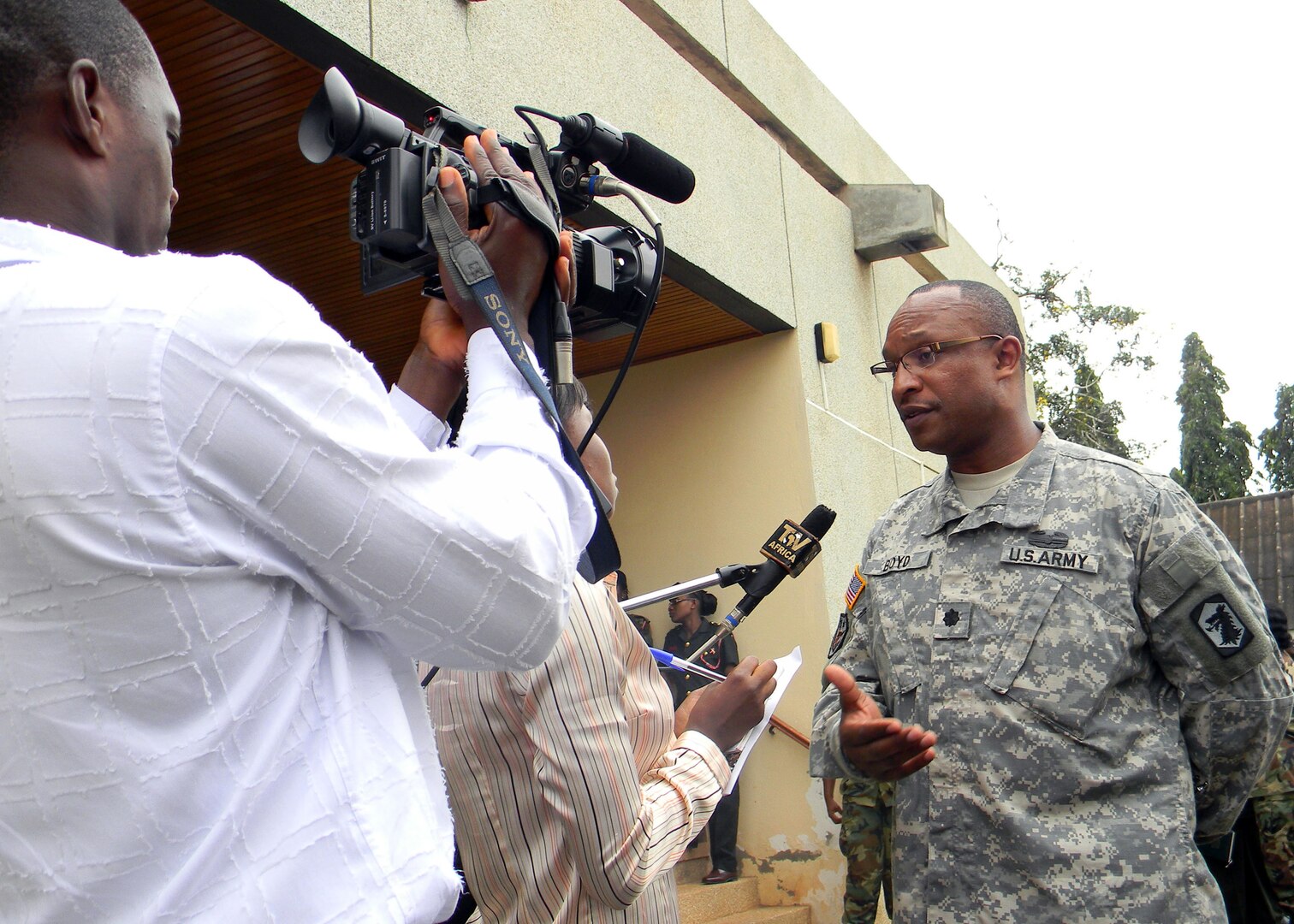 Army Lt. Col. Rodney Boyd, officer-in-charge of the U.S. MEDFLAG forces, is interviewed by local Ghanaian media following the exercise opening ceremony. The exercise will strengthen the relationship between the U.S. and Ghana through 10 days of collaborative training and sharing of medical expertise, as well as joint humanitarian civilian assistance in local communities.