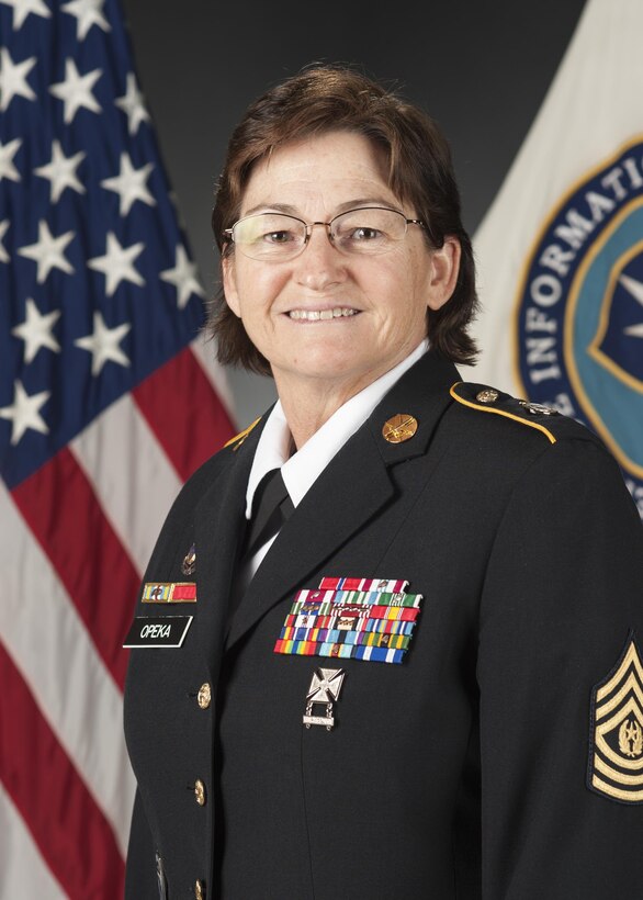 Portrait of Sgt. Maj. Sharon Opeka, Command Sergeant Major, at the Defense Information School, Fort George G. Meade, Md., April 20, 2015. (DoD photo/Released)