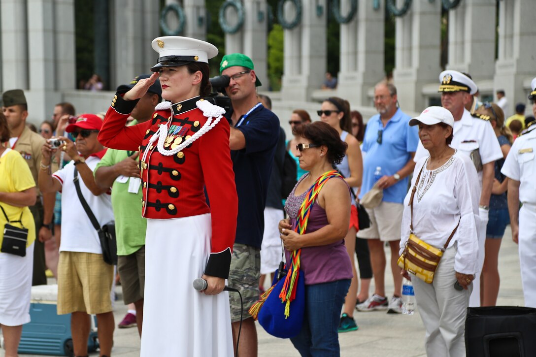 Members of "The President's Own" U.S. Marine Band supported a ceremony for World War II veterans with Honor Flight Chicago on July 29, 2015, at the World War II Memorial in Washington, D.C. (U.S. Marine Corps photo by Staff Sgt. Brian Rust/released)