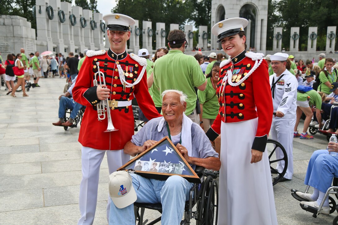 Members of "The President's Own" U.S. Marine Band supported a ceremony for World War II veterans with Honor Flight Chicago on July 29, 2015, at the World War II Memorial in Washington, D.C. (U.S. Marine Corps photo by Staff Sgt. Brian Rust/released)