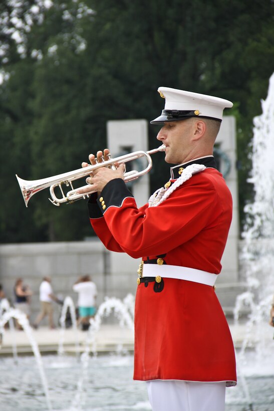 Members of "The President's Own" U.S. Marine Band supported a ceremony for World War II veterans with Honor Flight Chicago on July 29, 2015, at the World War II Memorial in Washington, D.C. (U.S. Marine Corps photo by Staff Sgt. Rachel Ghadiali/released)
