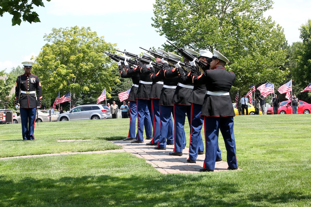 SPRINGFIELD, Mass. – A Marine Corps rifle team fires a three-round volley for Gunnery Sgt. Thomas J. Sullivan’s funeral July 27, 2015, at Veterans Memorial Cemetery in Agawan, Massachusetts. Sullivan was one of five victims of the Chattanooga, Tennessee shootings July 16, 2015. Sullivan was described by his family and fellow Marines as a Marines Marine, and always had a quirky smile that resembled a kid in a candy store. (U.S. Marine Corps photo by Cpl. J. Gage Karwick/Released)