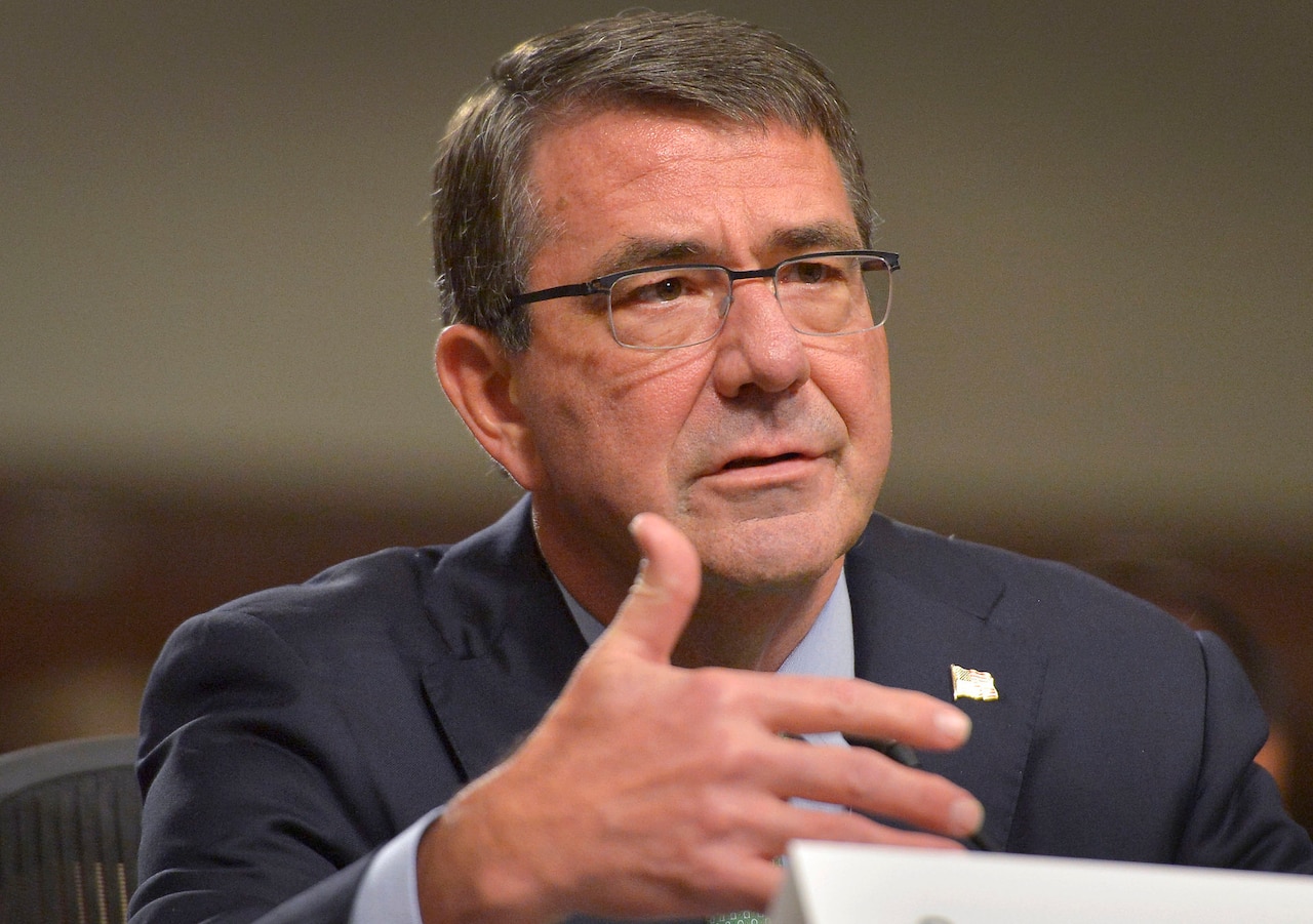 Defense Secretary Ash Carter speaks to members of the Senate Armed Services Committee during testimony on the recently brokered Iranian nuclear deal in Washington, D.C., July 29, 2015. Carter was joined by Secretary of State John Kerry, Chairman of the Joint Chiefs of Staff Army Gen. Martin E. Dempsey, U.S. Treasury Secretary Jack Lew and Energy Secretary Ernest Moniz. DoD photo by Glenn Fawcett