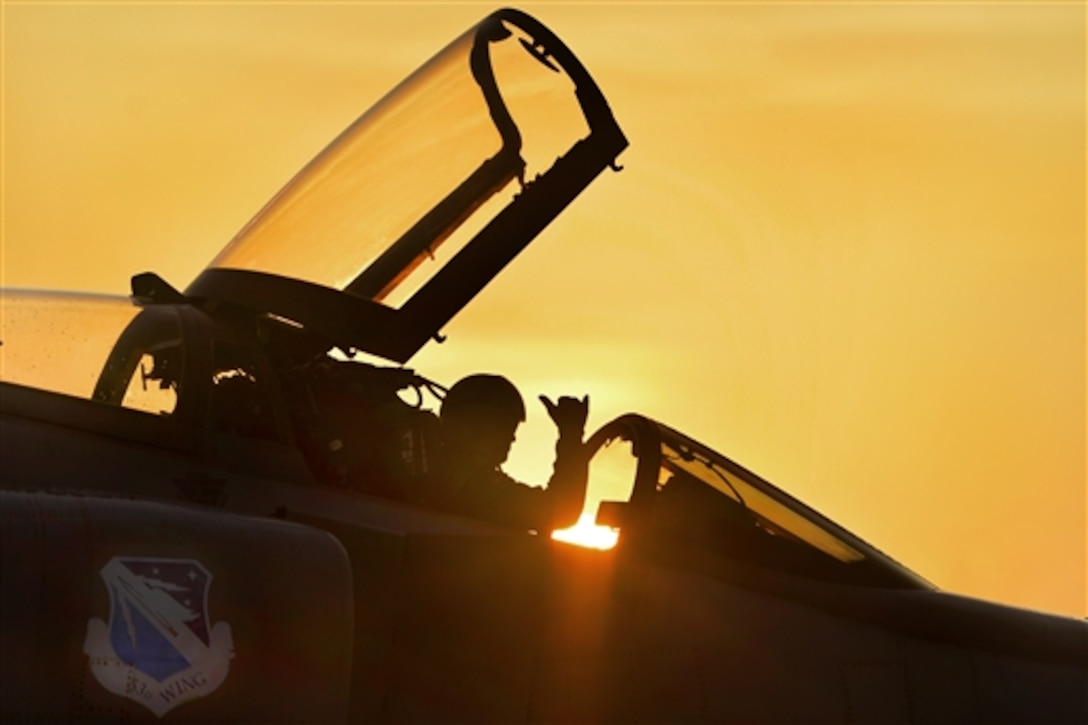 Air Force Lt. Col. Todd Houchins pilots the last 82nd Aerial Target Squadron QF-4 Phantom aircraft before its final takeoff from Tyndall Air Force Base, Fla., July 24, 2015. Houchins is commander of the 53rd Test Support Squadron.