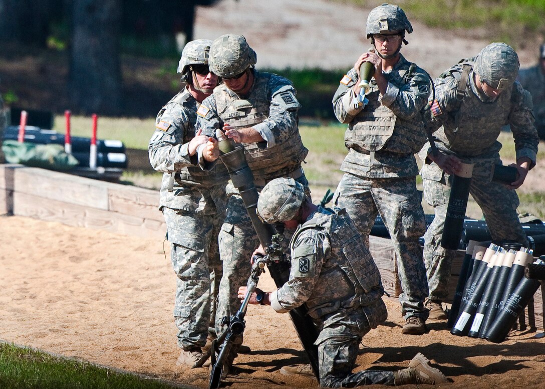 An Army officer prepares to fire an 81-mm mortar round during a live-fire exercise at Malone 25 Range on Fort Benning, Ga., July 22, 2015. 