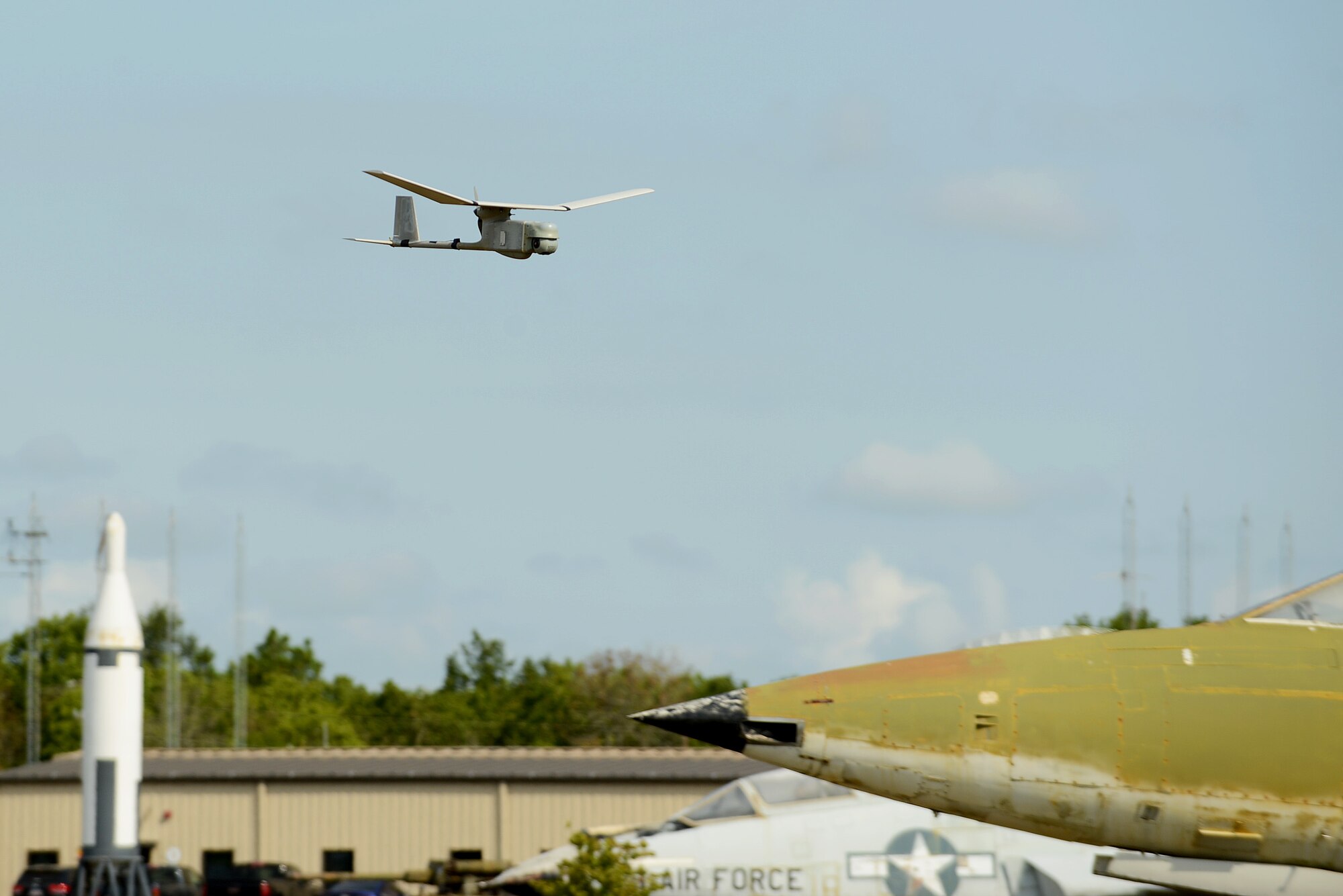 A RQ-11B Raven, a Small Unmanned Aerial System, soars through the sky during training at Poinsett Electronic Combat Range, Wedgefield, S.C., July 28, 2015. The SUAS is lightweight and designed for rapid deployment and high-mobility and has an effective operational radius of approximately six miles. (U.S. Air Force photo by Senior Airman Diana M. Cossaboom/Released)