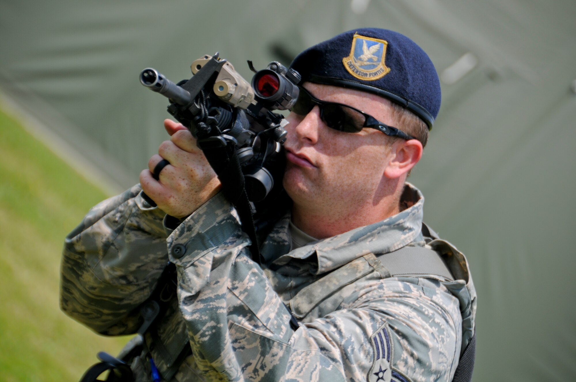 Members of the 188th Security Forces Squadron conduct shoot, move and communicate drills at Ebbing Air National Guard Base, Fort Smith, Ark. This weapon sustainment training is an annual requirement for Security Forces members aimed at increasing weapon deployment abilities of the team ands individual. (U.S. Air National Guard photo by Capt. Holli Nelson/Released)