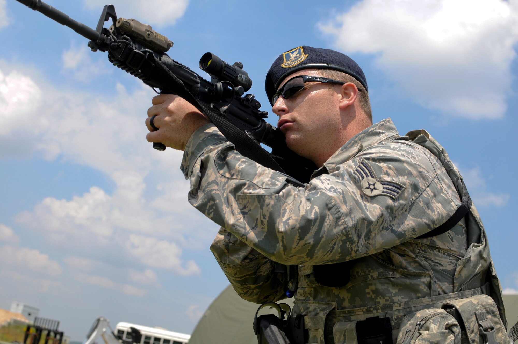 Members of the 188th Security Forces Squadron conduct shoot, move and communicate drills at Ebbing Air National Guard Base, Fort Smith, Ark. This weapon sustainment training is an annual requirement for Security Forces members aimed at increasing weapon deployment abilities of the team ands individual. (U.S. Air National Guard photo by Capt. Holli Nelson/Released)