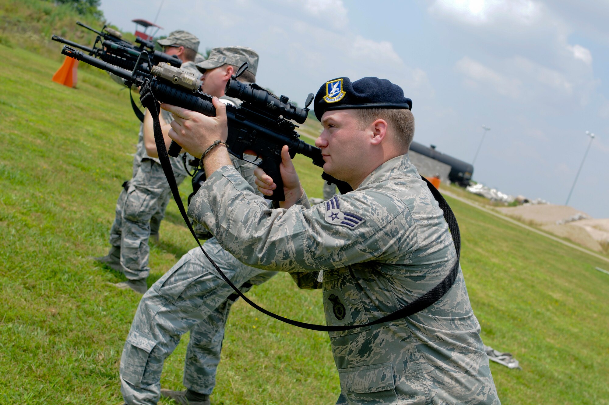 Members of the 188th Security Forces Squadron conduct shoot, move and communicate drills at Ebbing Air National Guard Base, Fort Smith, Ark. This weapon sustainment training is an annual requirement for Security Forces members aimed at increasing weapon deployment abilities of the team ands individual. (U.S. Air National Guard photo by Capt. Holli Nelson/Released)