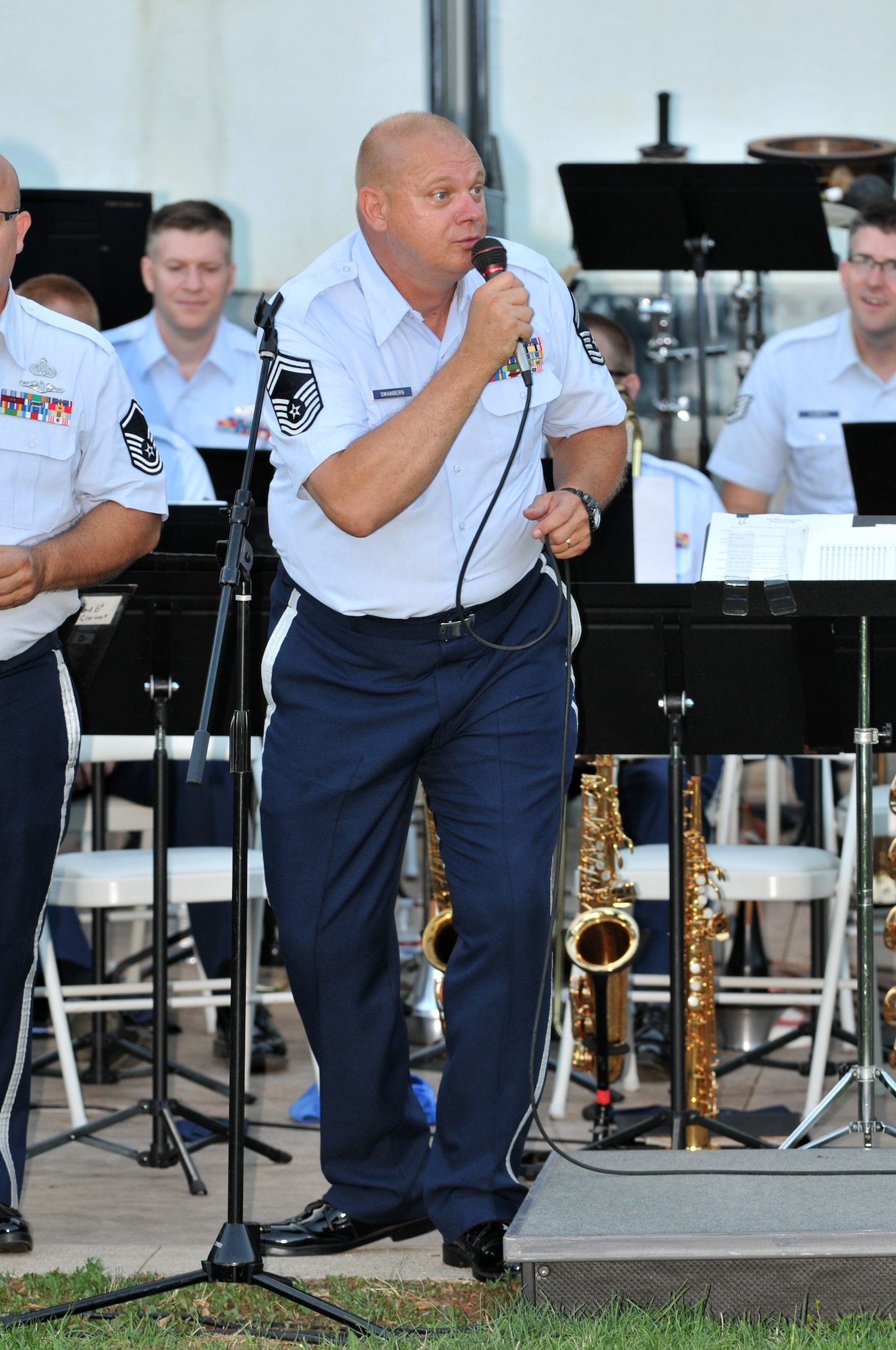Senior Master Sgt. William Swanberg a musician with the Air National Guard Band of the Midwest based in Peoria, Ill lays down the bass line during a performance of Bruno Mars, Uptown Funk at an outdoor performance in Sioux City, Iowa on July 27, 2015.
U.S. Air National Guard Photo by: Technical Sgt. William Wiseman/Released
