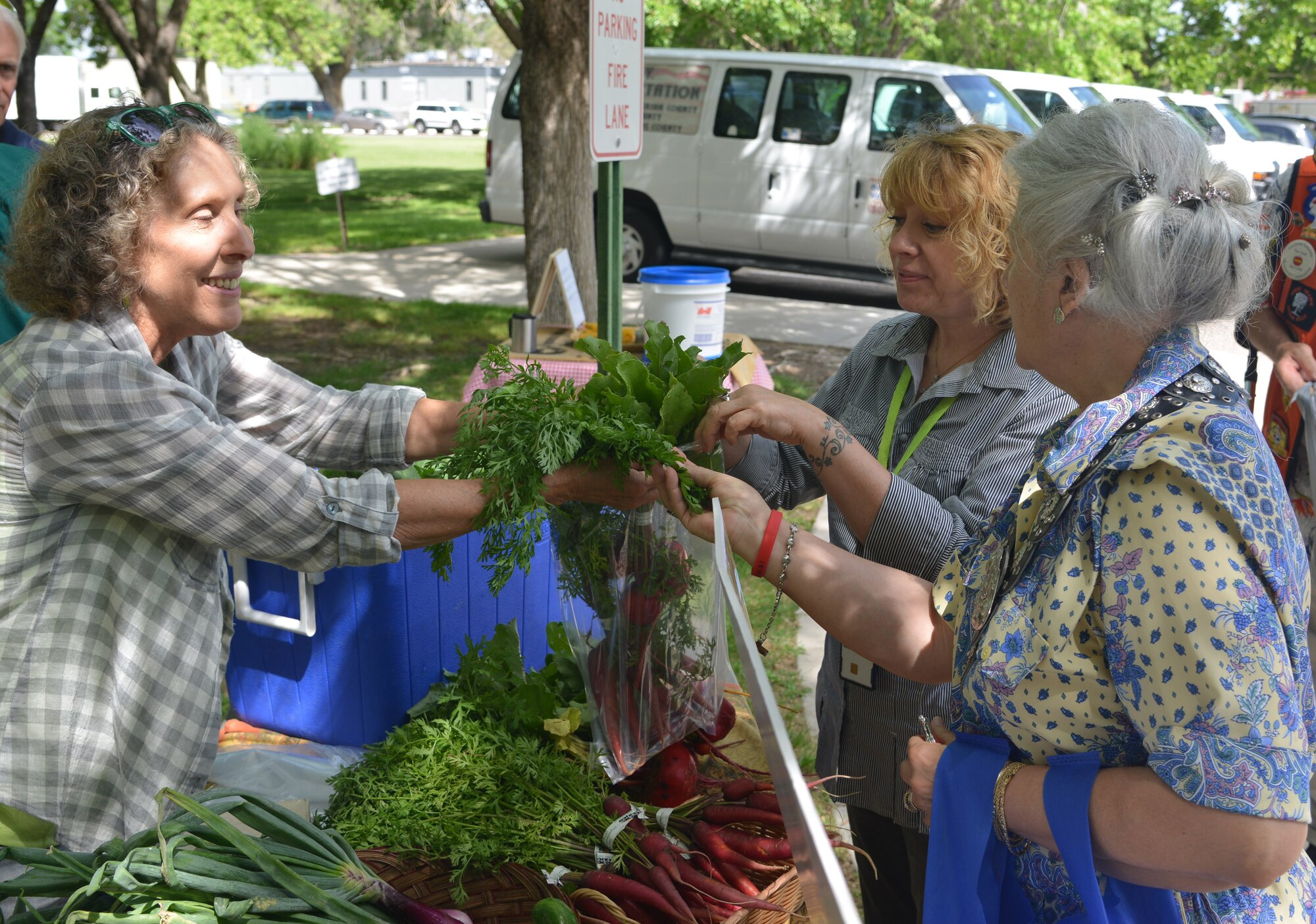Robin Seydel, left, of Veteran Farmers Project, helps customers pick out produce during the VA Growers Market near the Raymond G. Murphy VA Medical Center on July 15. (Photo by Todd Berenger)