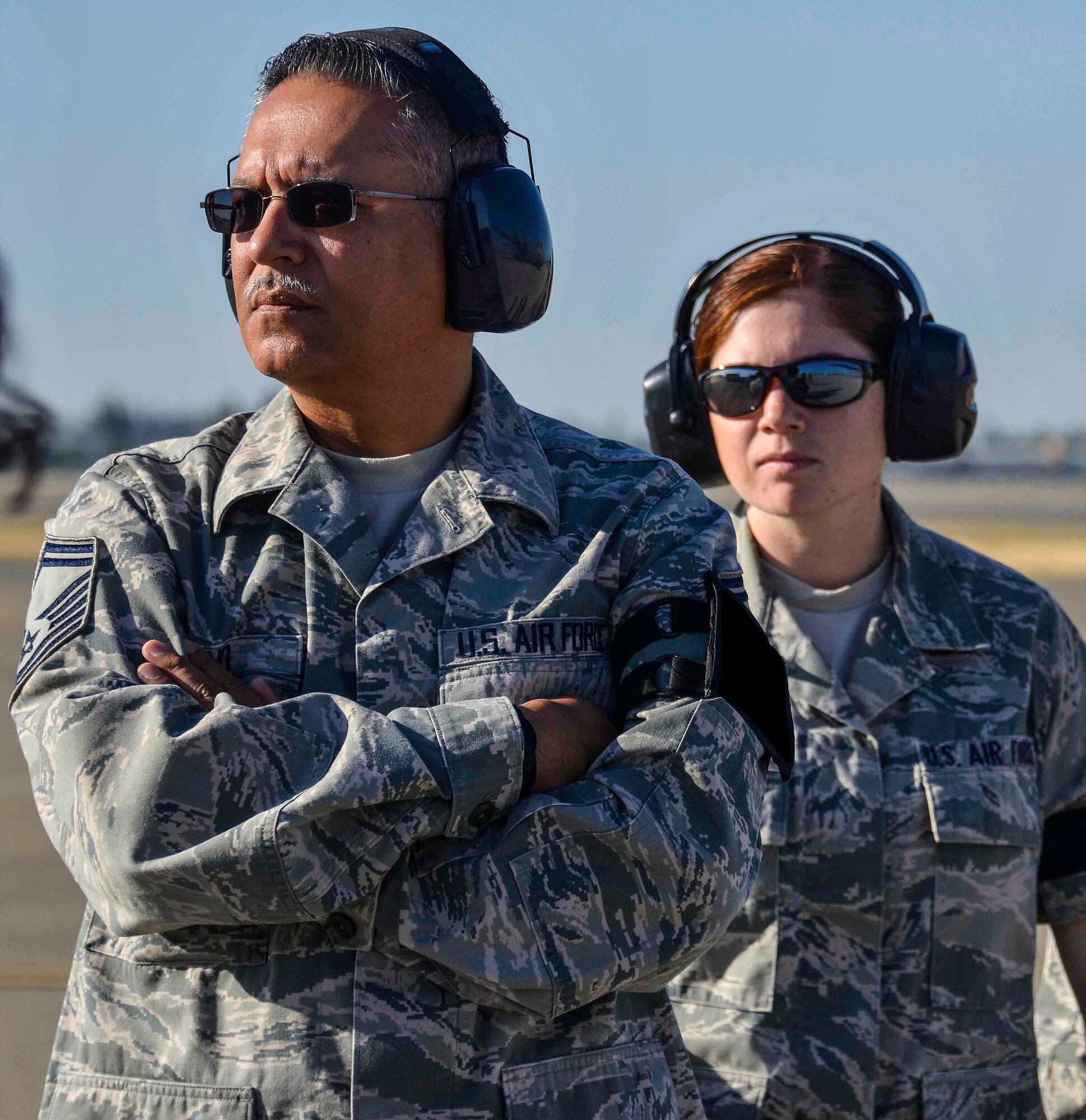 U.S. Air Force Senior Master Sgt. Arturo Cano, 144th Logistics Readiness Squadron logistics plans superintendent, and U.S. Air Force Staff Sgt. Micaelah Aleman, 144th LRS logistics plans NCO in charge, are two out of many Air Guardsmen behind the scenes who contribute to the mission’s success at the Fresno Air National Guard base. (Air National Guard photo by Senior Airman Klynne Pearl Serrano/Released)