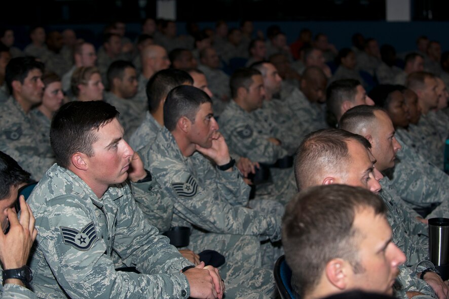 Airmen from the 93d Air Ground Operations Wing listen as U.S. Air Force Maj. Gen. H. D. Polumbo Jr., Ninth Air Force commander, speaks during an all-call July 22, 2015, at Moody Air Force Base, Ga. Polumbo congratulated the Airmen on their hard work and answered their questions about the Air Force. (U.S. Air Force photo by Airman 1st Class Kathleen D. Bryant/Released)

