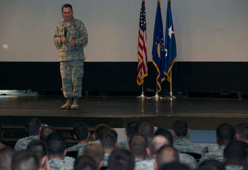 U.S. Air Force Maj. Gen. H. D. Polumbo Jr., Ninth Air Force commander, speaks to 93d Air Ground Operations Wing Airmen during an all-call July 22, 2015, at Moody Air Force Base, Ga. Polumbo spoke about the Airmen’s hard work, success and mission readiness. (U.S. Air Force photo by Airman 1st Class Kathleen D. Bryant/Released)


