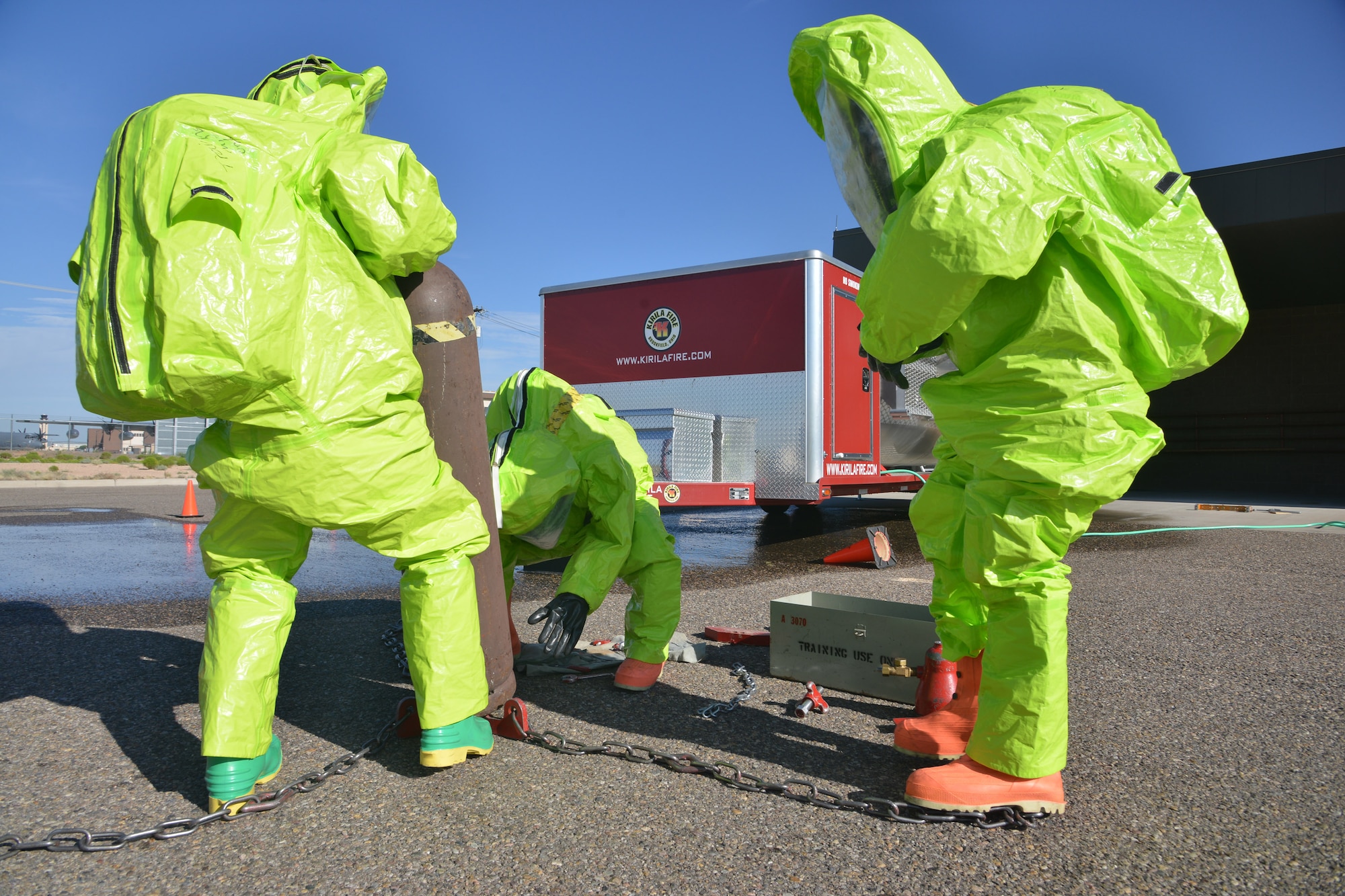The Kirtland Fire Department hosted a two-week training in handling hazardous materials.  Firefighters from other bases around the country came to Kirtland for the training. (Photo by Todd Berenger) 