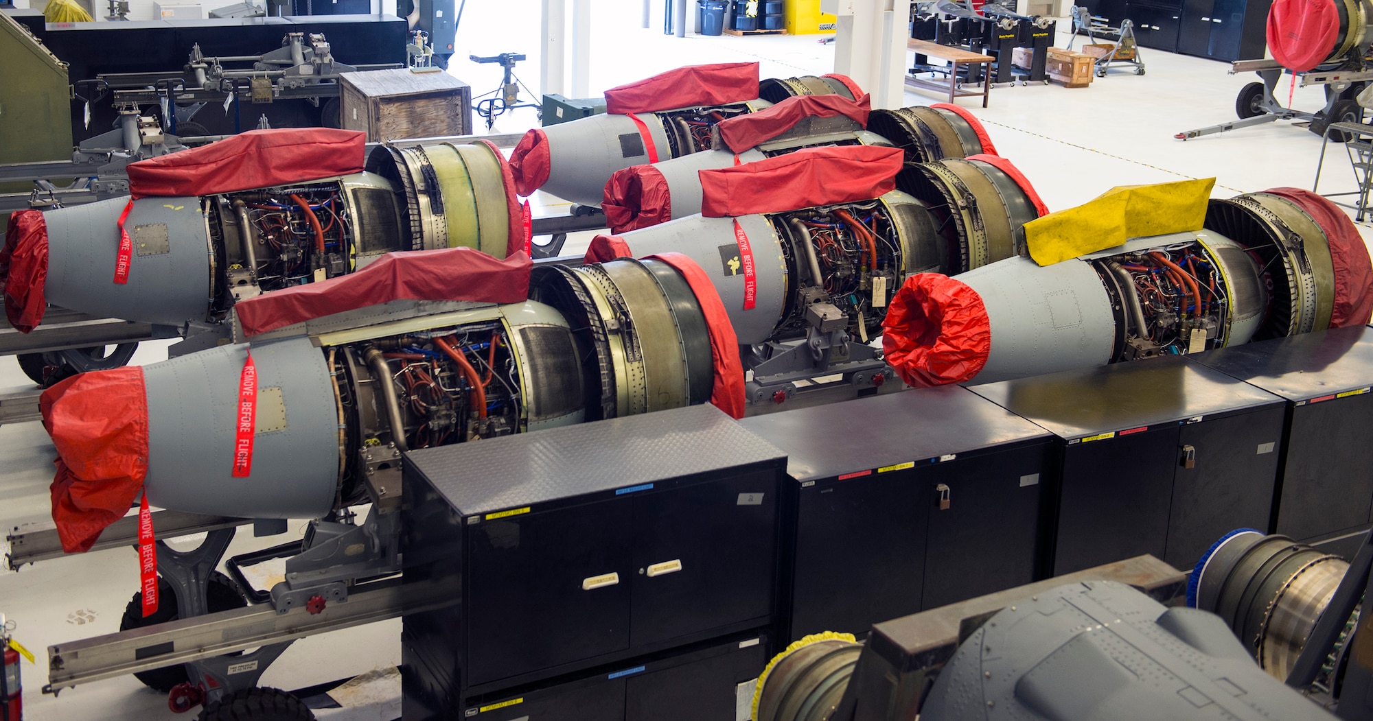 Six ‘war ready’ TF-34 engines rest on standby July 27, 2015, at Moody Air Force Base, Ga. Once the 23d Component Maintenance Squadron Propulsion Flight efficiently breaks down and repairs the TF-34, and it passes a series of inspections, the engine is ‘war ready.’ (U.S. Air Force photo by Airman Greg Nash/Released)