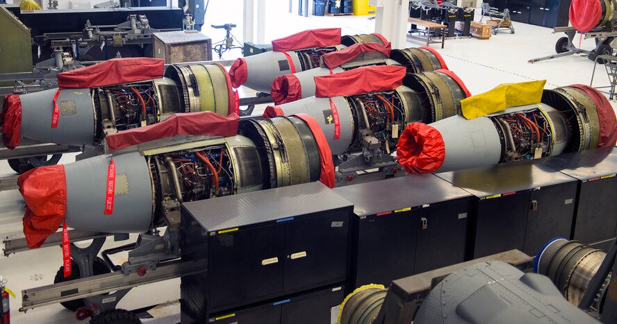 Six ‘war ready’ TF-34 engines rest on standby July 27, 2015, at Moody Air Force Base, Ga. Once the 23d Component Maintenance Squadron Propulsion Flight efficiently breaks down and repairs the TF-34, and it passes a series of inspections, the engine is ‘war ready.’ (U.S. Air Force photo by Airman Greg Nash/Released)
