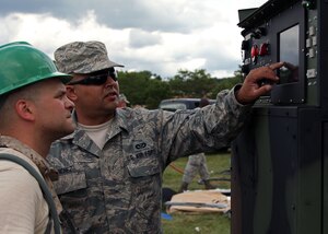 (L-R ) U.S. Air Force Staff Sgt Kevin Burch, a heating, ventilation, and air conditioning craftsmen and Staff Sgt Richard Sanchez, an electrical power production craftsmen, both assigned to the 127th Civil Engineer Squadron, Michigan Air National Guard, check the electrical power going to tents on an 806 generator at Volk Field Combat Readiness Training Center, Wis., during PATRIOT July 20, 2015. The annual PATRIOT Exercise is a domestic operations disaster-response training exercise conducted by National Guard units working with federal, state and local emergency management agencies and first responders. (U.S. Air National Guard photo by 2nd Lt. Benjamin Hughes/Released) 