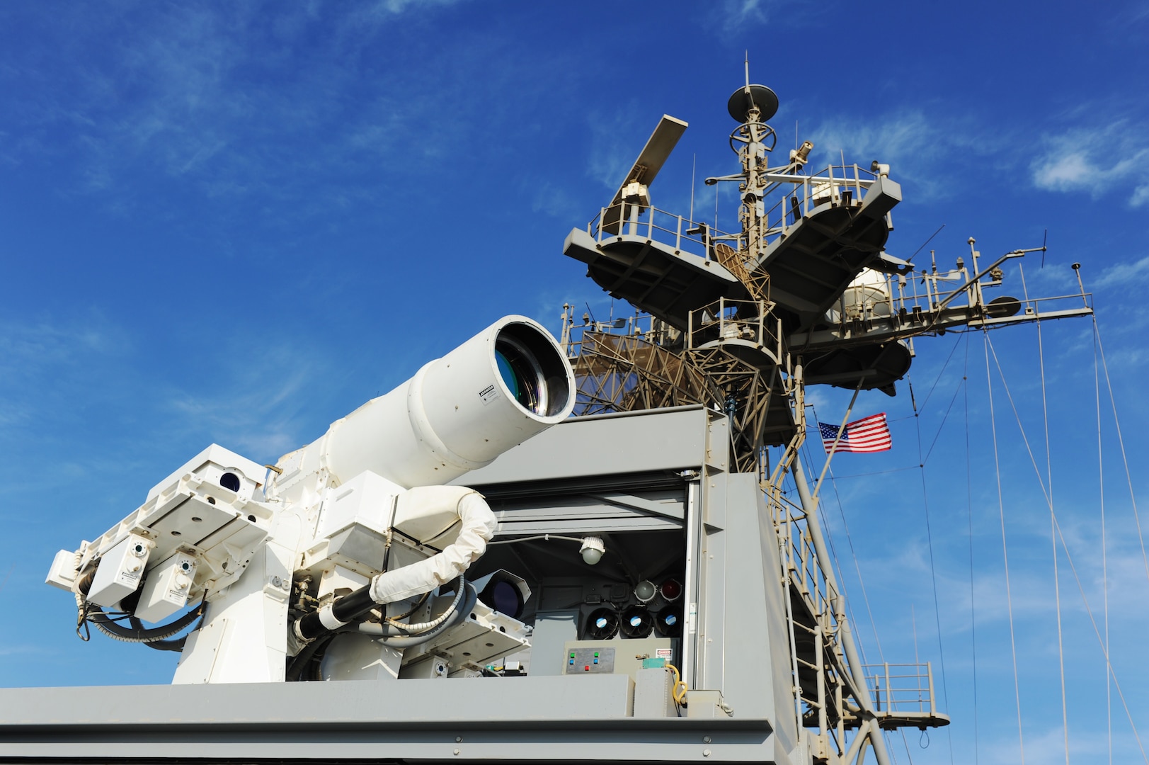 ARABIAN GULF (Nov. 16, 2014) The Afloat Forward Staging Base (Interim) USS Ponce (ASB(I) 15) conducts an operational demonstration of the Office of Naval Research (ONR)-sponsored Laser Weapon System (LaWS) while deployed to the Arabian Gulf. (U.S. Navy photo by John F. Williams/Released)                                                                                                                         