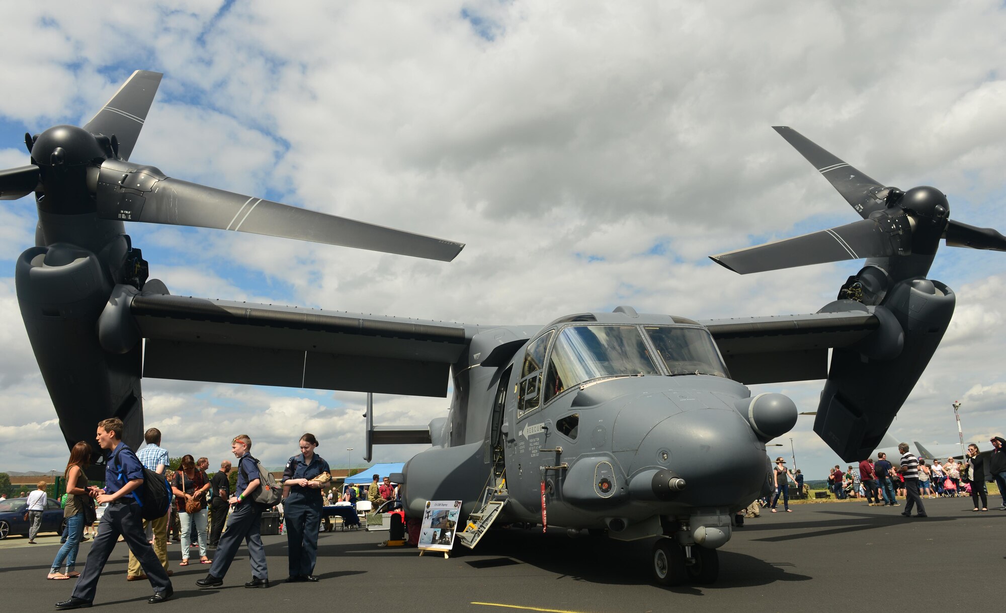 A static display of the CV-22B Osprey from the 7th Special Operations Squadron allowed UK forces and their families to view the aircraft and ask the aircrews about its capabilities July 23, 2015, during the RAF Marham Family Day, in Norfolk, England. The event commemorated the 75th Anniversary of the Battle of Britain. (U.S. Air Force photo by Karen Abeyasekere)