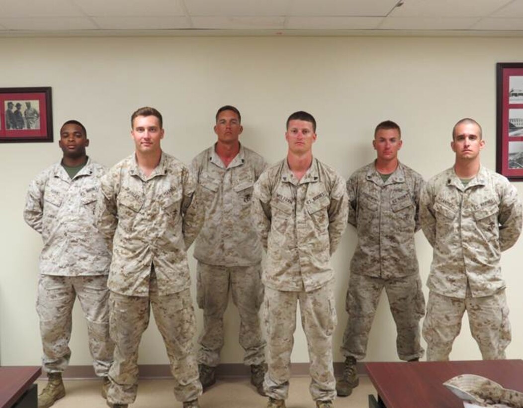 From left to right ALPHA High Shooter Cpl Whaley, Brysen J. 343, Coach Cpl Adams, Daniel K., BRAVO High Shooter Cpl Wolfram, James  J. 333, Coach Sgt Bishop, Scott D., CHARLIE High Shooter Sgt Sanders III, Billy G. 340, Coach  Cpl Piechowski, Michael L.
