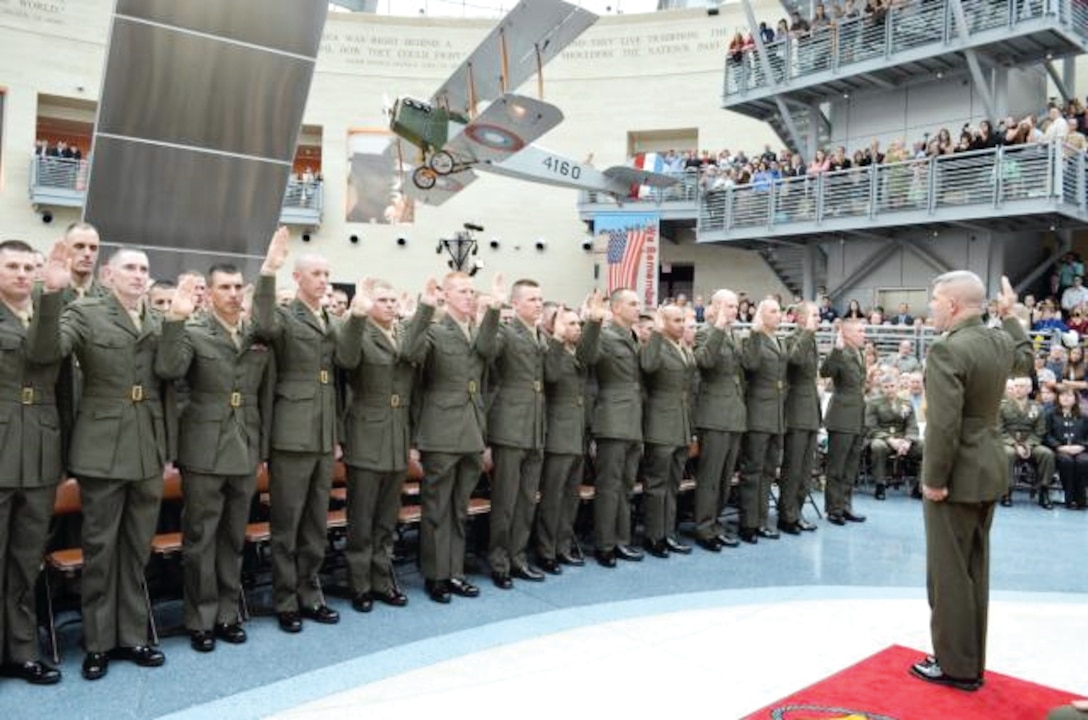 New Marine Corps second lieutenants take their Oaths of Office in the National Museum of the Marine Corps.