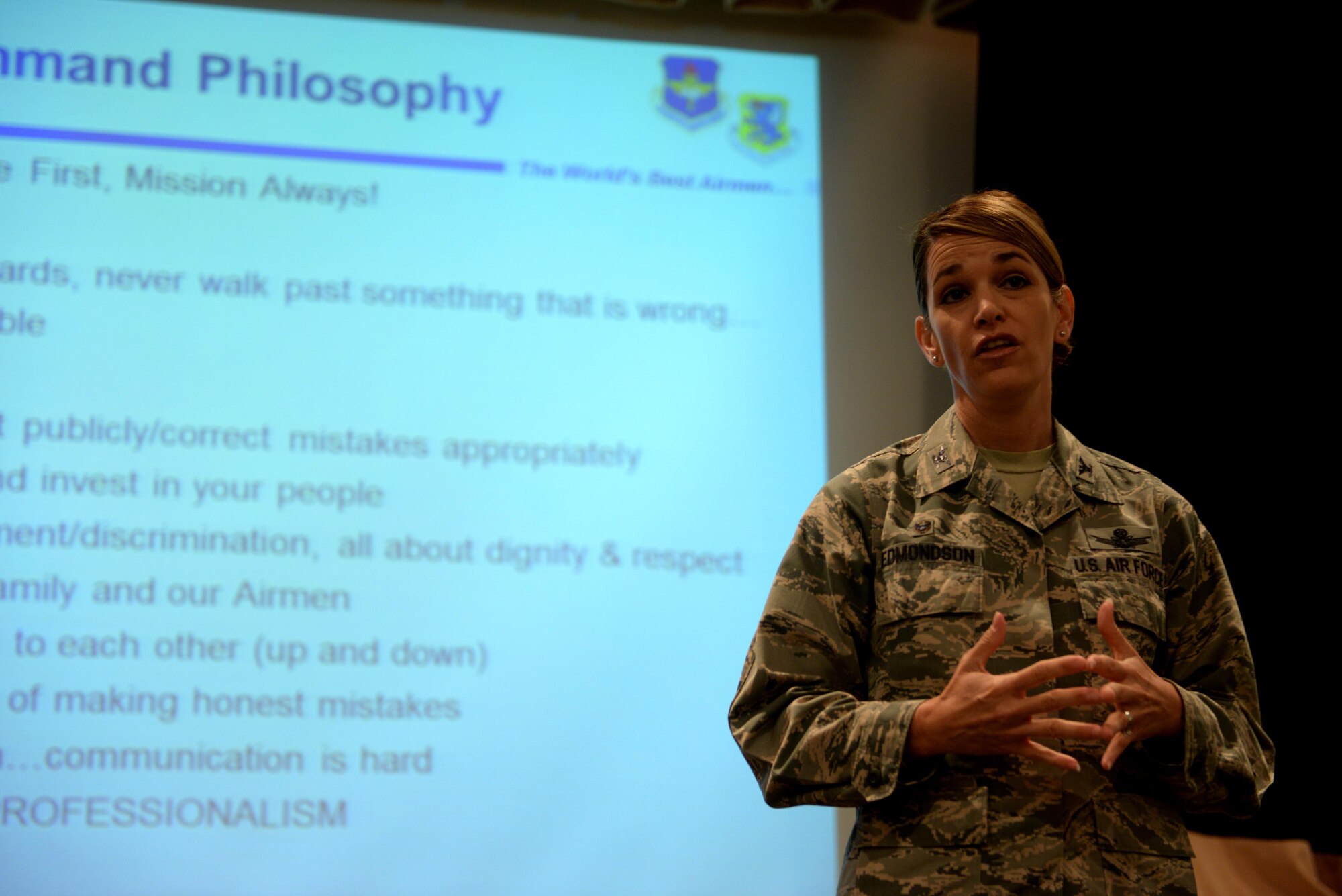 Col. Michele Edmondson, 81st Training Wing commander, speaks at a commander’s call at the 81st Medical Group, July 28, 2015, Keesler Air Force Base, Miss. Commander’s calls allow a face-to-face avenue for leaders to speak directly with their people. This was one of four commander’s calls Edmondson held. She introduced herself to the 81st TRW Airmen, set the tone for her command and presented her expectations to the wing. (U.S. Air Force photo by Airman 1st Class Duncan McElroy)