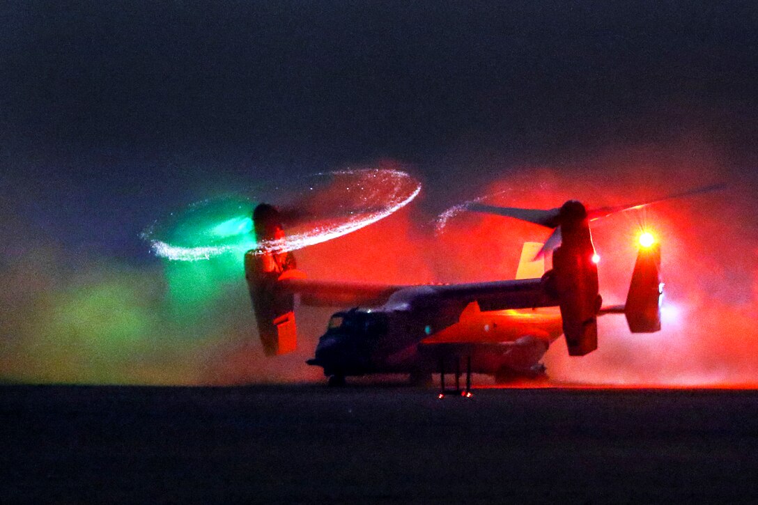 An MV-22 Osprey lands during a training exercise to recover personnel in Southwest Asia, July 28, 2015. The 185th Theater Aviation Brigade conducts interoperability training missions to enhance capabilities between U.S. Army aviation and other U.S. military forces.