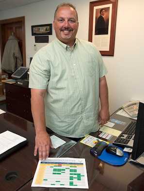 Joseph Martini, 90th Missile Wing Community Support Coordinator, displays a cheat sheet for Airmen to getting help, July 30, 2015, in the community support coordinator office. Martini works with the agencies listed on the sheet and provides support when needed. (U.S. Air Force photo by R.J. Oriez)