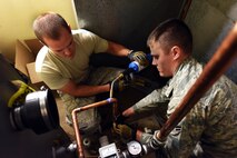 Senior Airman Julian Donahue and Airman 1st Class Joseph Konecny, 341st Civil Engineer Squadron Heating Ventilation and Air Conditioning technicians, solder two pieces of copper using a turbo torch July 30, 2015, at Malmstrom Air Force Base, Mont. HVAC completed 102 job orders for the month of July. (U.S. Air Force photo/Chris Willis)