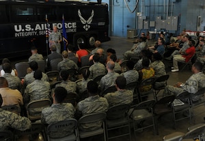 Chief Master Sgt. of the Air Force James Cody speaks during an 11th Logistics Readiness Squadron all-call, July 29, 2015, on Joint Base Andrews. Cody spoke about current events in the Air Force and answered questions from members of the 11th LRS. (U.S. Air Force photo/Airman 1st Class J.D. Maidens)