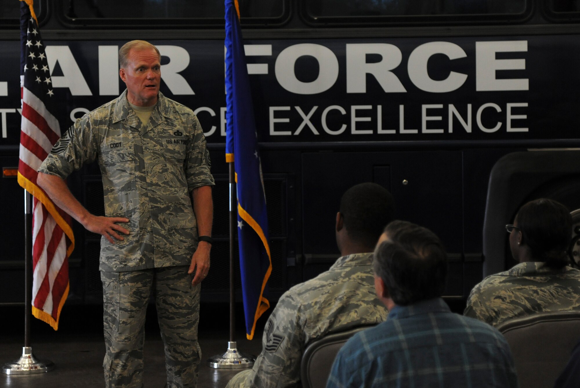 Chief Master Sgt. of the Air Force James Cody speaks during an 11th Logistics Readiness Squadron all-call, July 29, 2015, on Joint Base Andrews. The 11th LRS holds a monthly “Open Bay” all-call and squadron family lunch. (U.S. Air Force photo/Airman 1st Class J.D. Maidens)