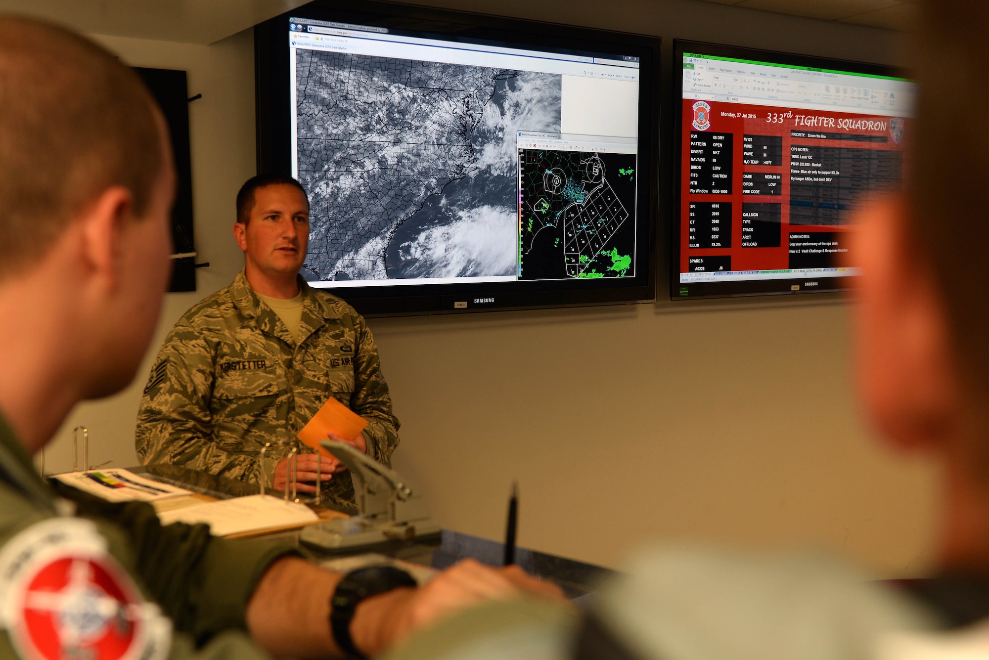 Tech. Sgt. Bret Kerstetter, 4th Operations Support Squadron weather forecaster, conducts a pre-flight weather briefing for aircrew members, July 27, 2015, at Seymour Johnson Air Force Base, North Carolina. Weather specialists perform briefings for aircrew personnel prior to flight to advise them on potential hazards. (U.S. Air Force photo/Senior Airman John Nieves Camacho)