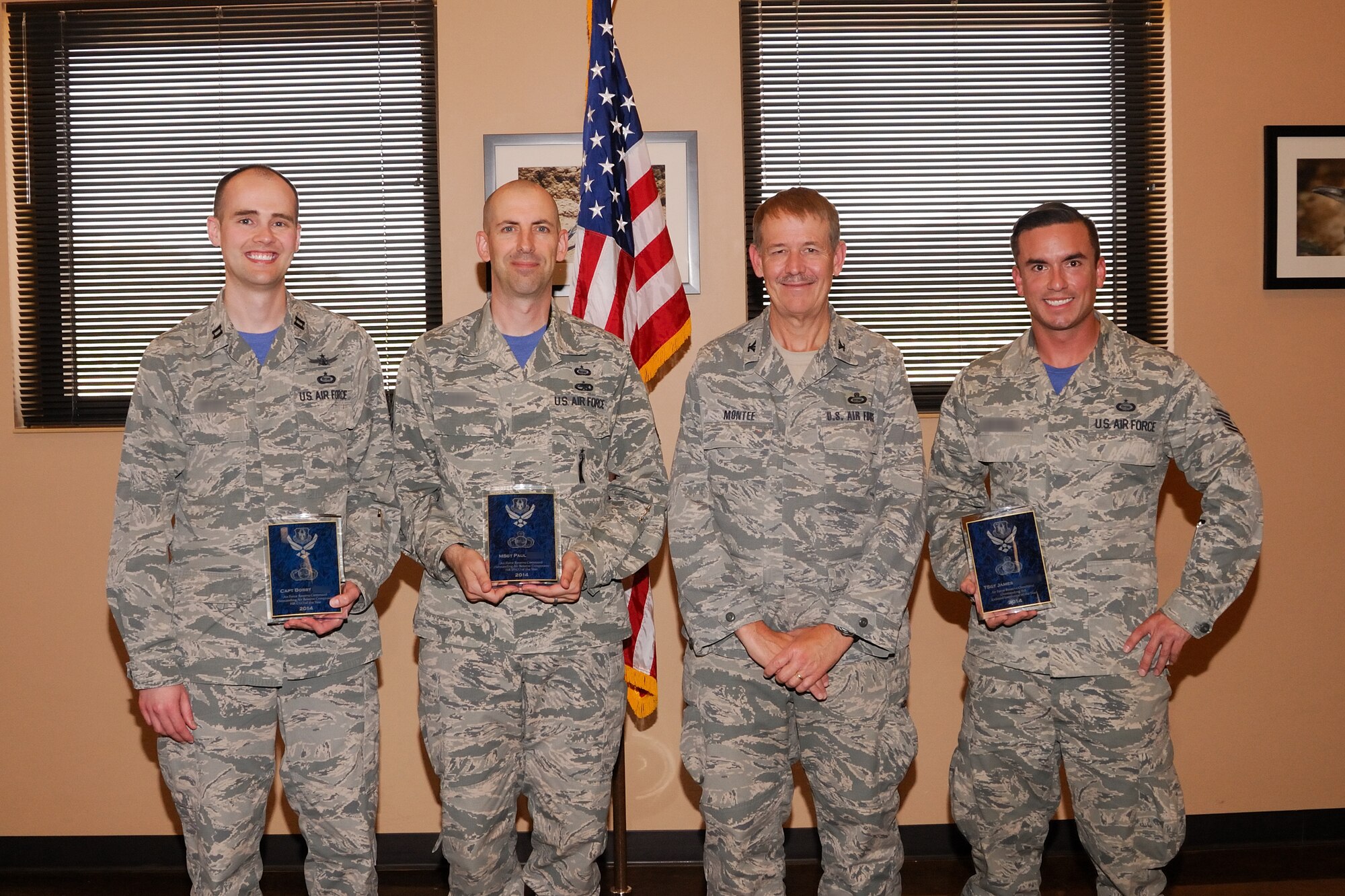 Col Mark Montee, Director of Intelligence, Surveillance and Reconnaissance, Headquarters Air Force Reserve Command, visited Creech Air Force Base June 19 to recognize Intelligence Professionals in the 78th Attack Squadron.  Three members of the 78 ATKS were 2014 Air Force Intelligence, Surveillance and Reconnaissance Awards Program  winners at the Air Reserve Component level.