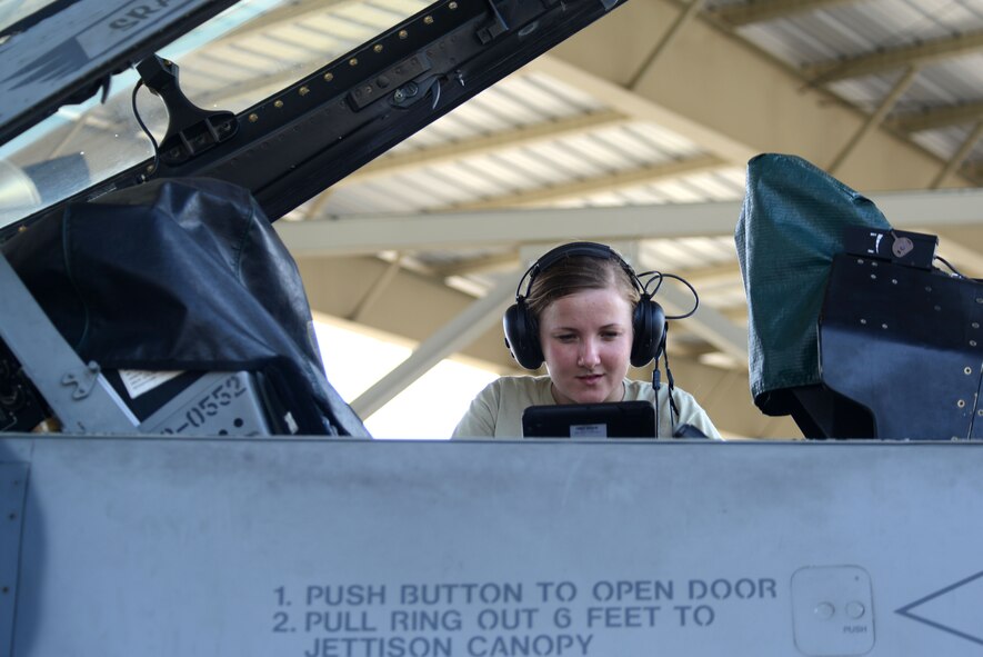 Airman 1st Class Jasmine Clark, 20th Aircraft Maintenance Squadron aircraft electrical and environmental specialist, performs scheduled maintenance on the oxygen regulator in the cockpit of an F-16CM Fighting Falcon at Shaw Air Force Base, S.C., July 29, 2015. Maintenance such as this is essential to keeping Team Shaw’s Airmen and equipment safe and mission-ready at all times. (U.S. Air Force photo by Airman 1st Class Kelsey Tucker/Released)